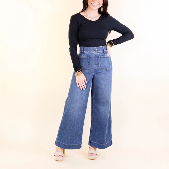 SPANX Denim - Spanx Shape Everywhere Wide-Leg Cropped Jeans Size Medium Tall Sailor A22